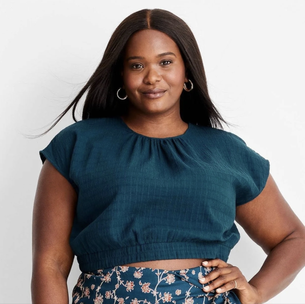 Future Collective Jenny Lopez Short Sleeve Cinched Crop Top Teal Women's 3X NWT